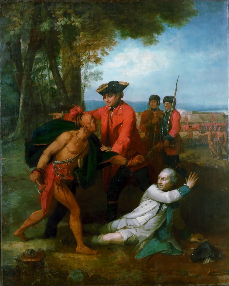 Le Général Johnson sauvant un officier français blessé du tomahawk d'un Indien d'Amérique du Nord, Benjamin West, 1764