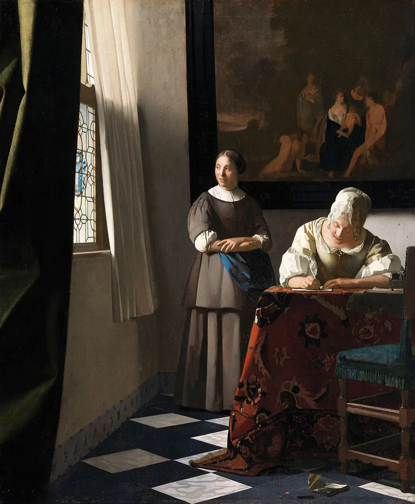 Femme écrivant une lettre et sa servante, Johannes Vermeer, 1670